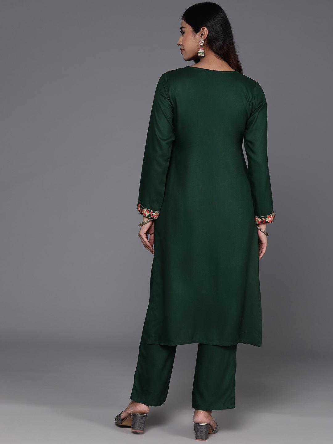 Green Yoke Design Wool Blend Straight Kurta With Trousers - Libas