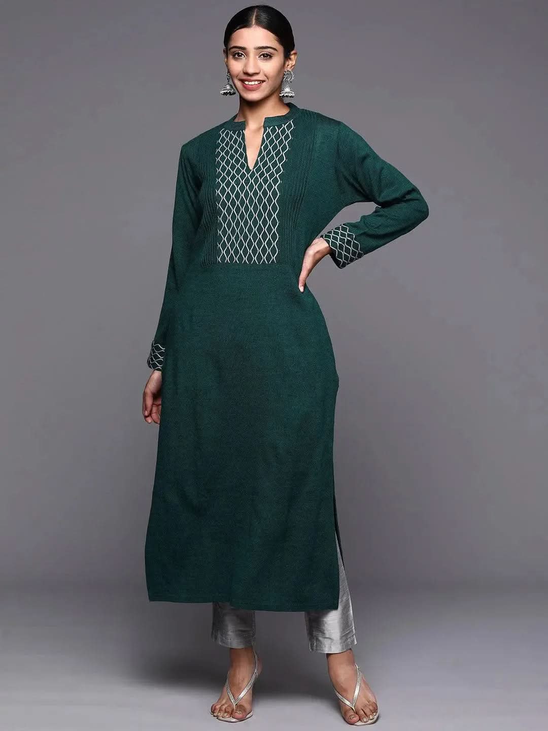 Green Yoke Design Wool Straight Kurta - Libas
