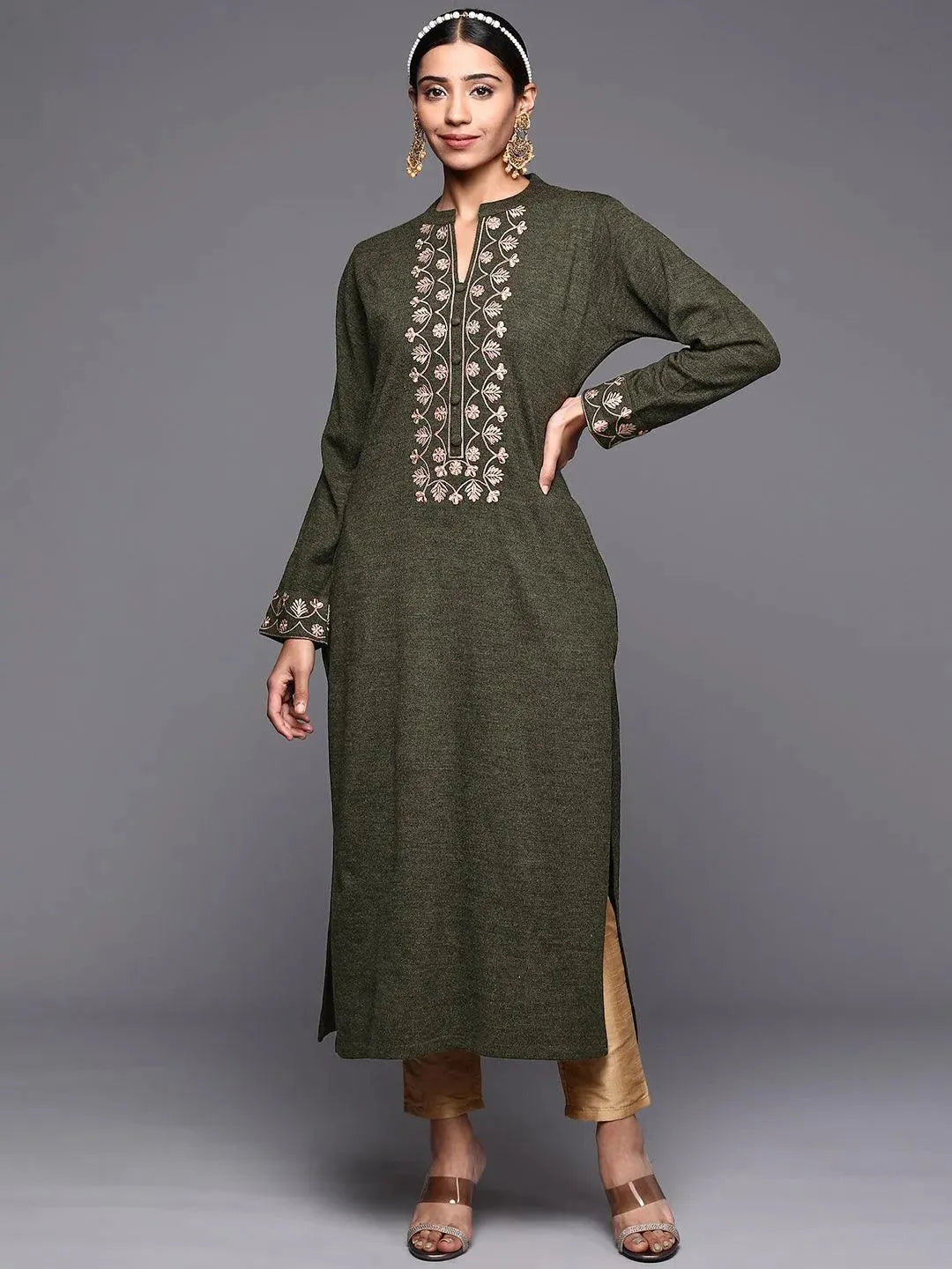 Green Yoke Design Wool Straight Kurta - Libas