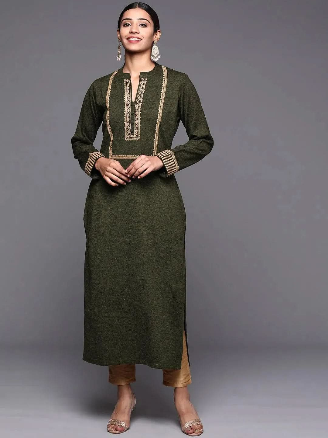 Green Yoke Design Wool Straight Kurta - Libas 