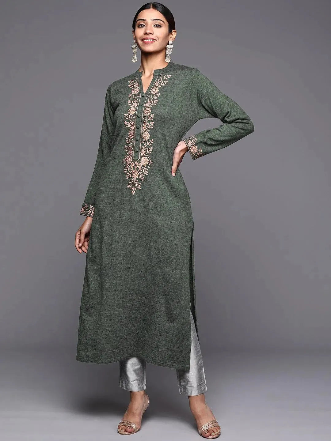 Green Yoke Design Wool Straight Kurta - Libas