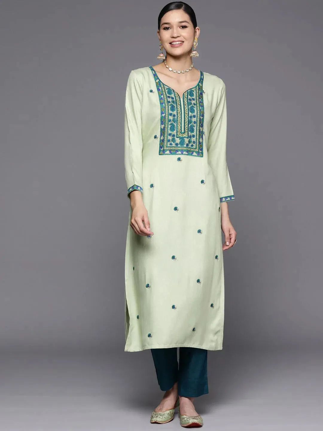 Green Yoke Design Wool Straight Kurta - Libas