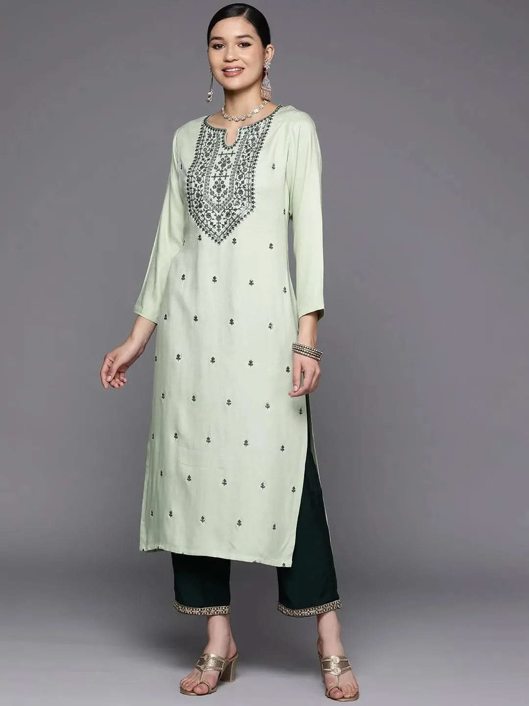 Green Yoke Design Wool Straight Kurta - Libas 