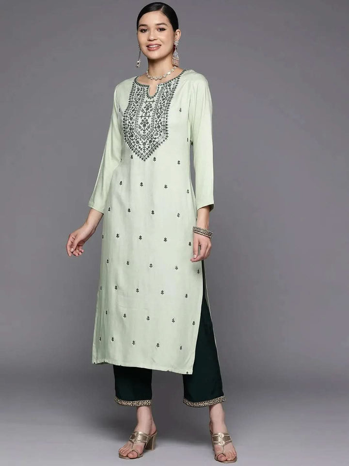 Green Yoke Design Wool Straight Kurta - Libas