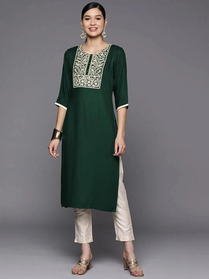 Green Yoke Design Wool Straight Kurta - Libas