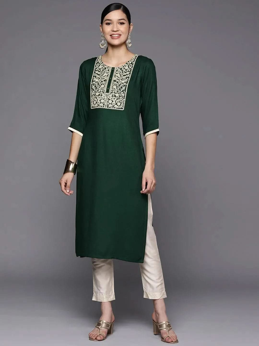 

Green Yoke Design Wool Straight Kurta