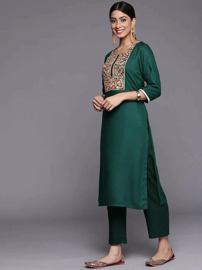 Green Yoke Design Wool Straight Kurta - Libas