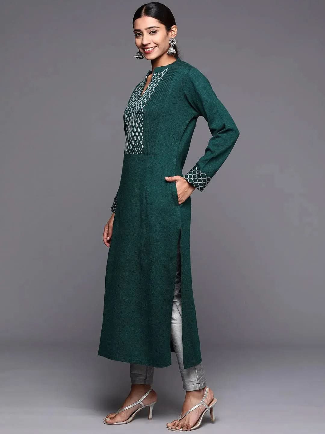 Green Yoke Design Wool Straight Kurta - Libas 