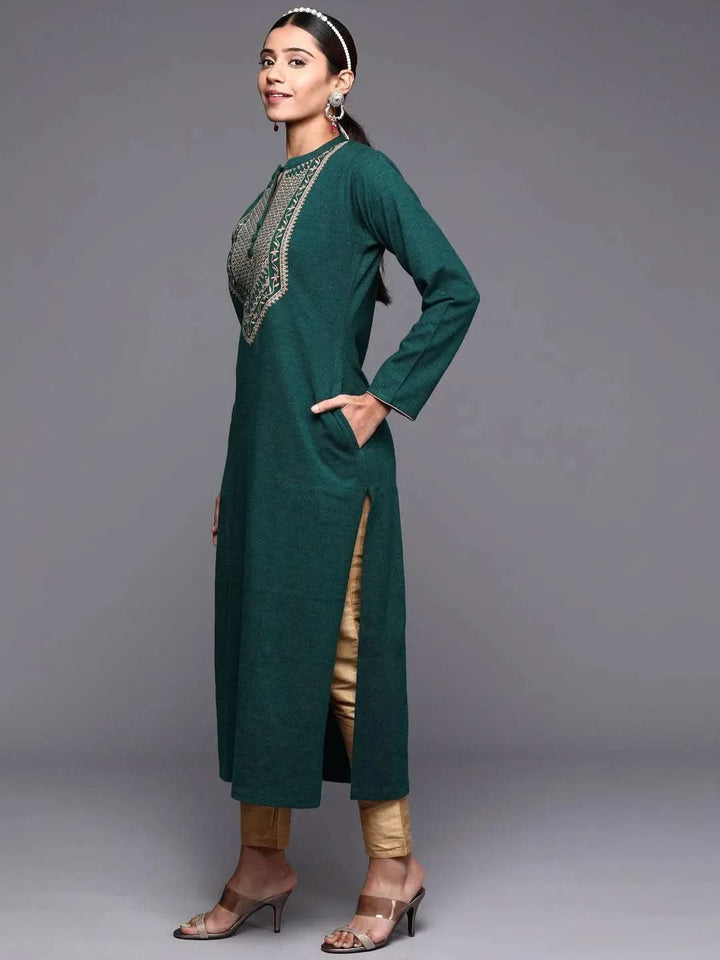 Green Yoke Design Wool Straight Kurta - Libas