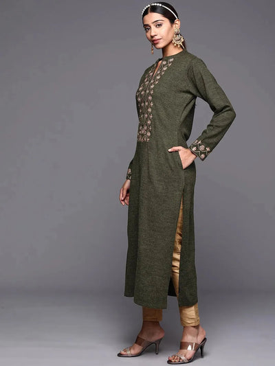 Green Yoke Design Wool Straight Kurta - Libas