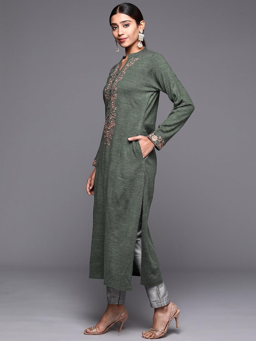 Green Yoke Design Wool Straight Kurta - Libas