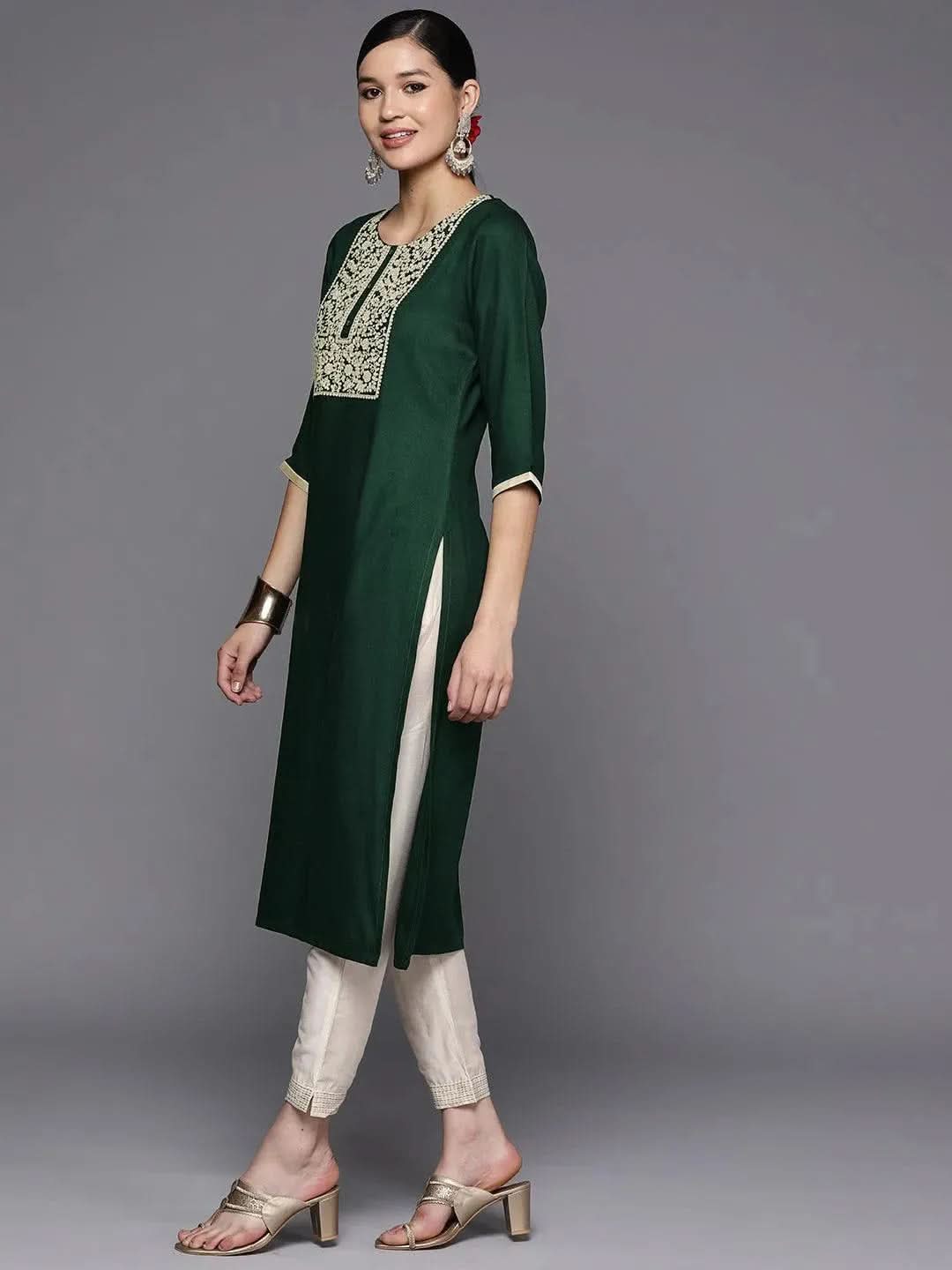 

Green Yoke Design Wool Straight Kurta