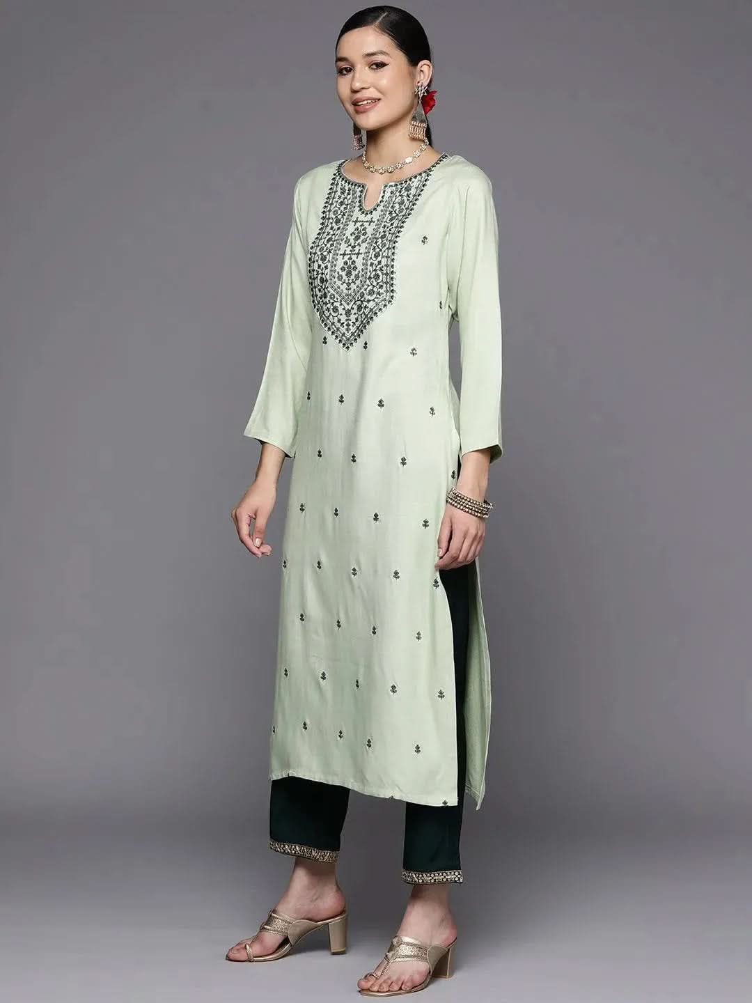 Green Yoke Design Wool Straight Kurta - Libas 