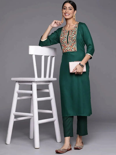 Green Yoke Design Wool Straight Kurta - Libas