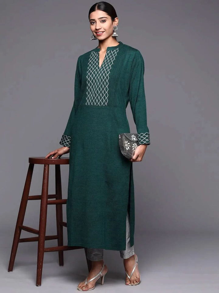 Green Yoke Design Wool Straight Kurta - Libas