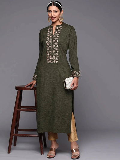 Green Yoke Design Wool Straight Kurta - Libas