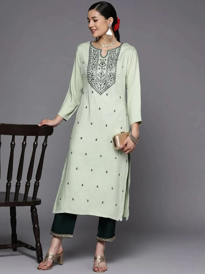 Green Yoke Design Wool Straight Kurta - Libas