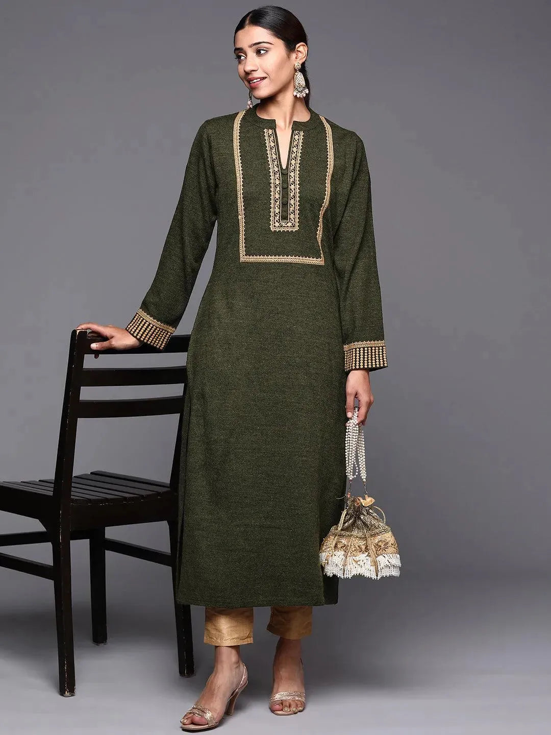 Green Yoke Design Wool Straight Kurta - Libas