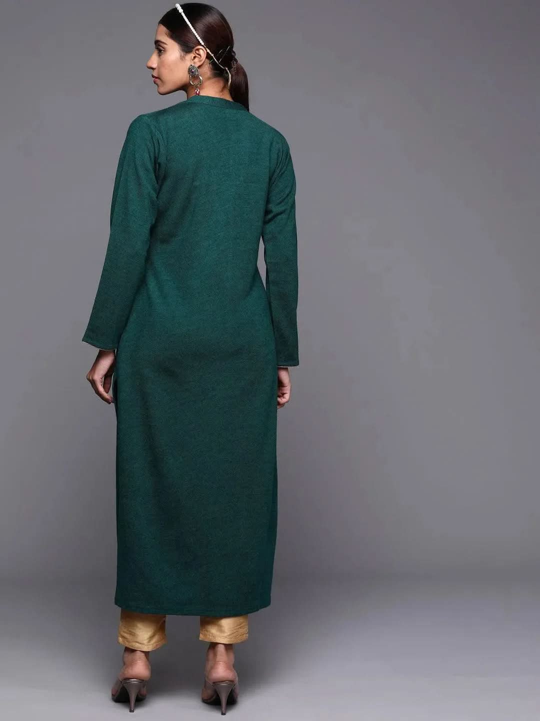 Green Yoke Design Wool Straight Kurta - Libas 