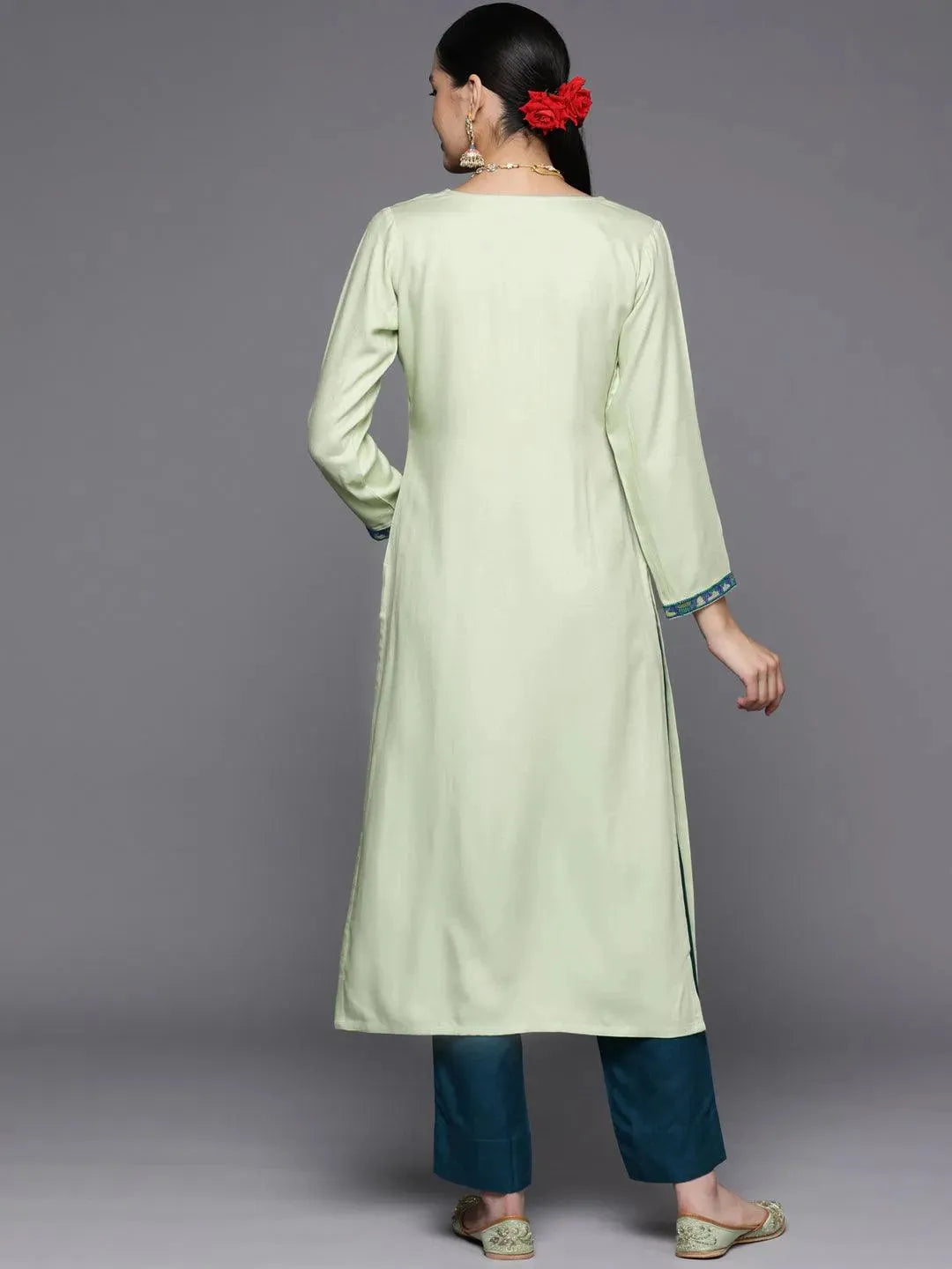 Green Yoke Design Wool Straight Kurta - Libas