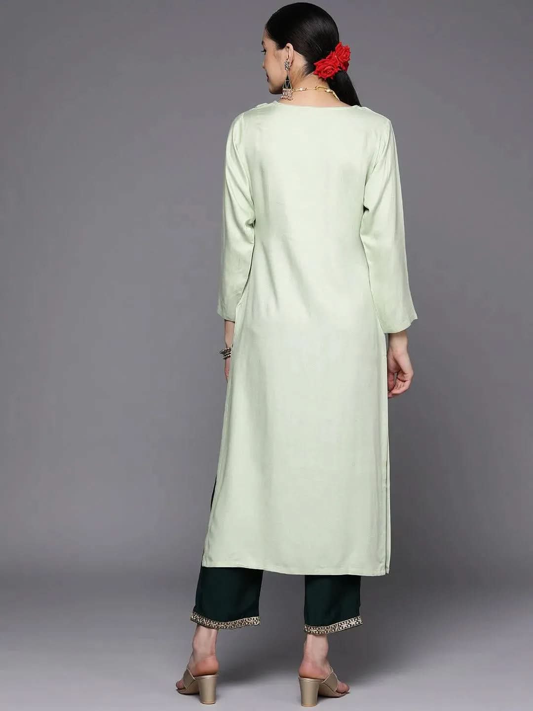 Green Yoke Design Wool Straight Kurta - Libas 