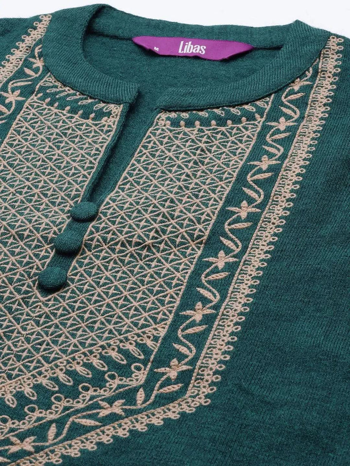 Green Yoke Design Wool Straight Kurta - Libas