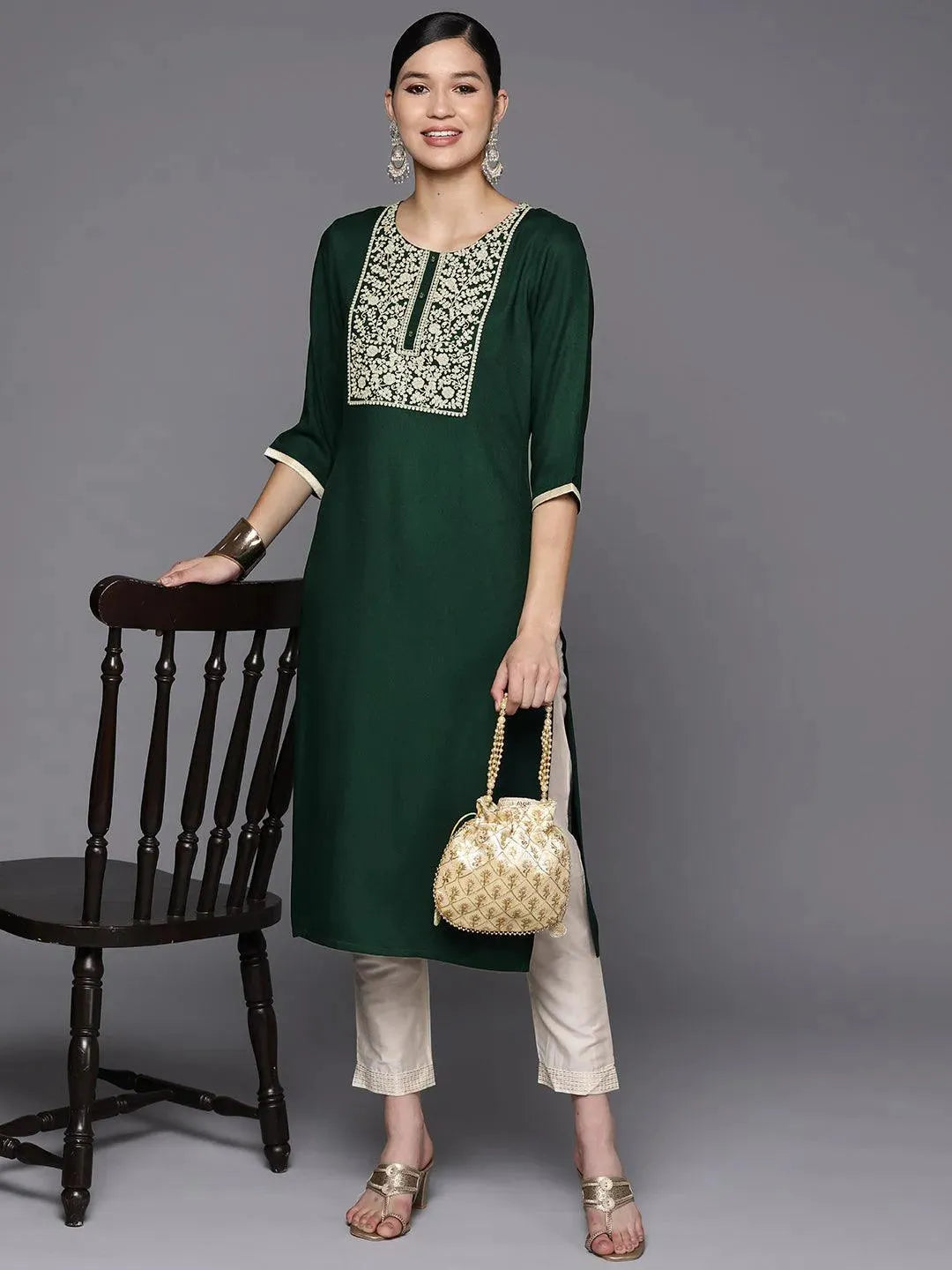 Green Yoke Design Wool Straight Kurta - Libas 