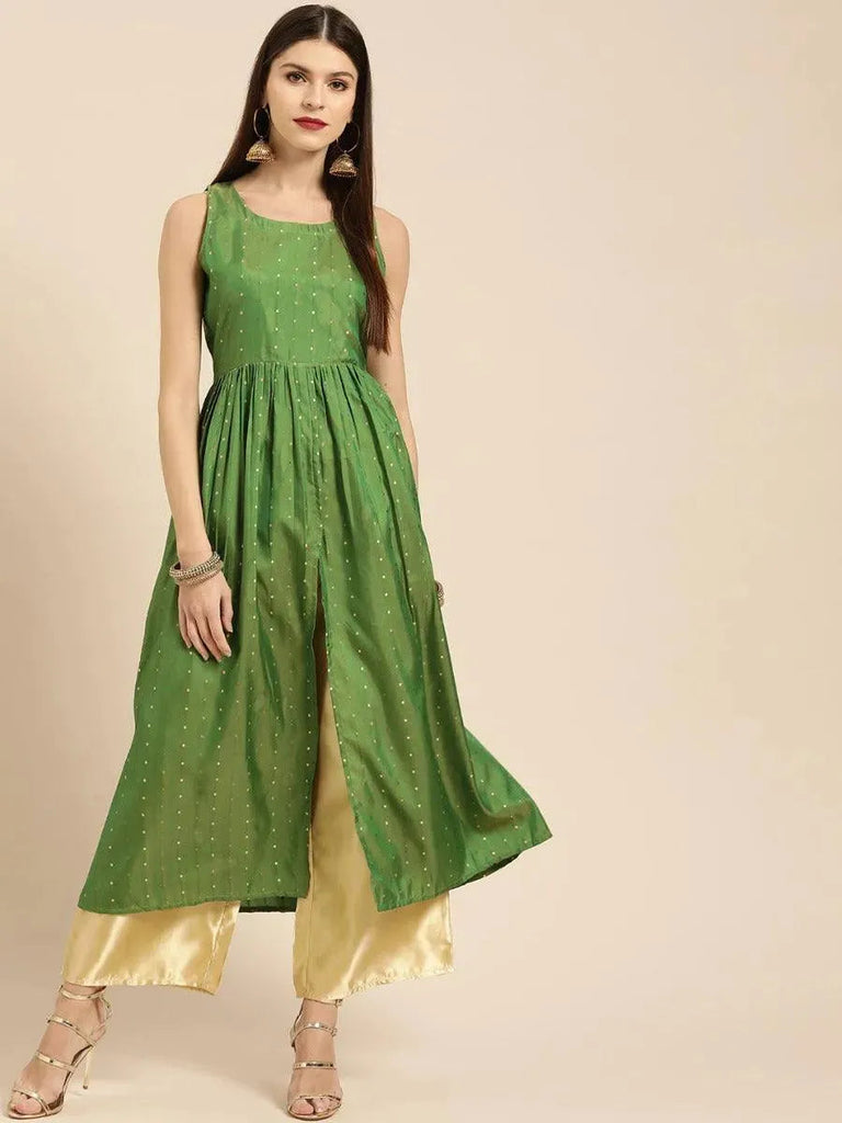 Libas Green Zari Work Chanderi Silk Anarkali Kurta With Palazzos
