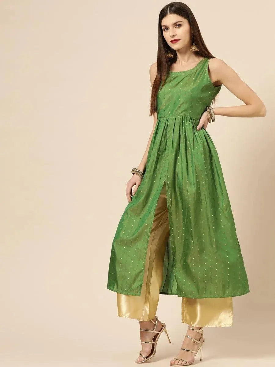 Green Zari Work Chanderi Kurta Set - Libas