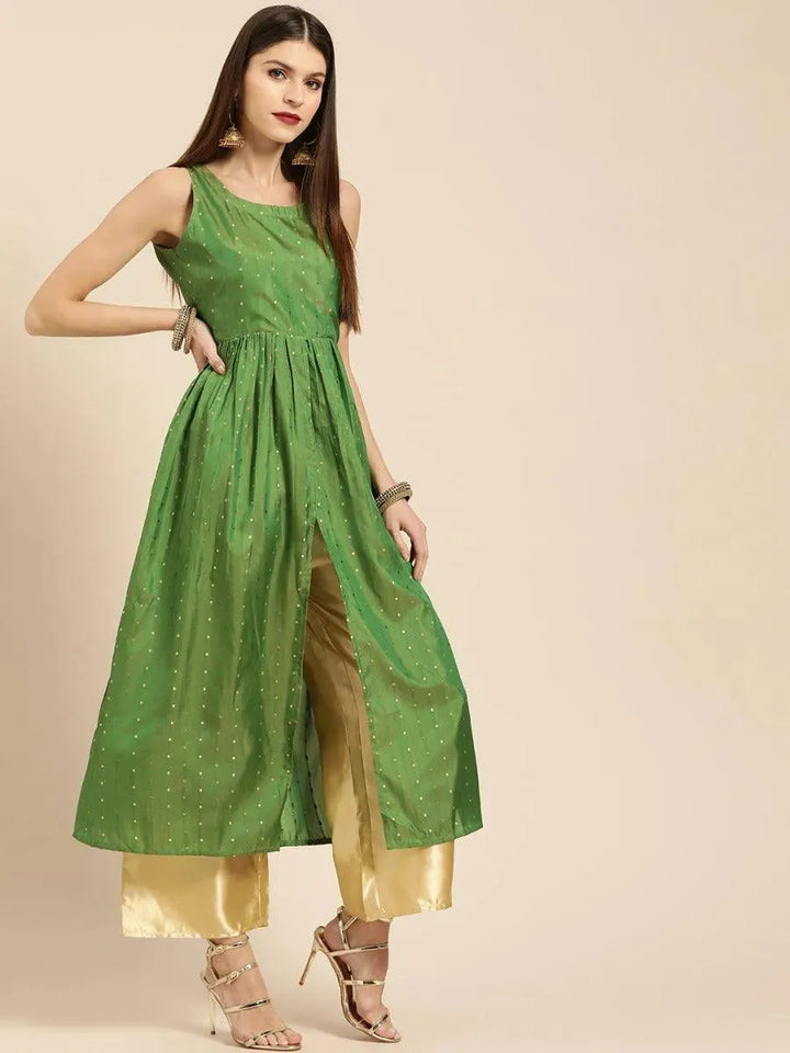 Green Zari Work Chanderi Kurta Set - Libas