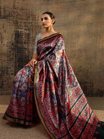 Grey Abstract Printed Silk Saree With Unstitched Blouse Piece