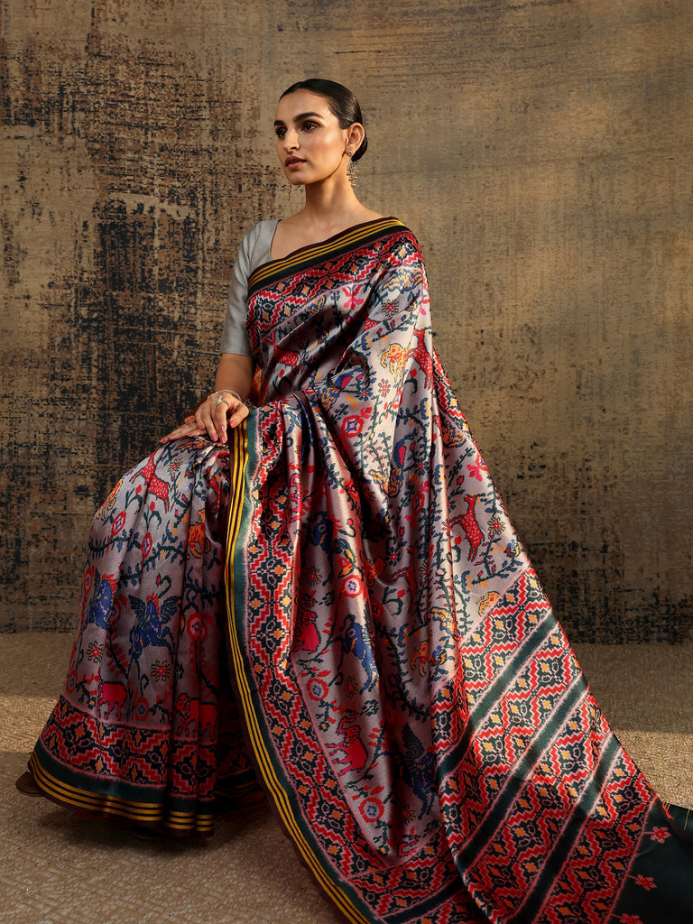 Libas Grey Abstract Printed Silk Saree With Unstitched Blouse Piece
