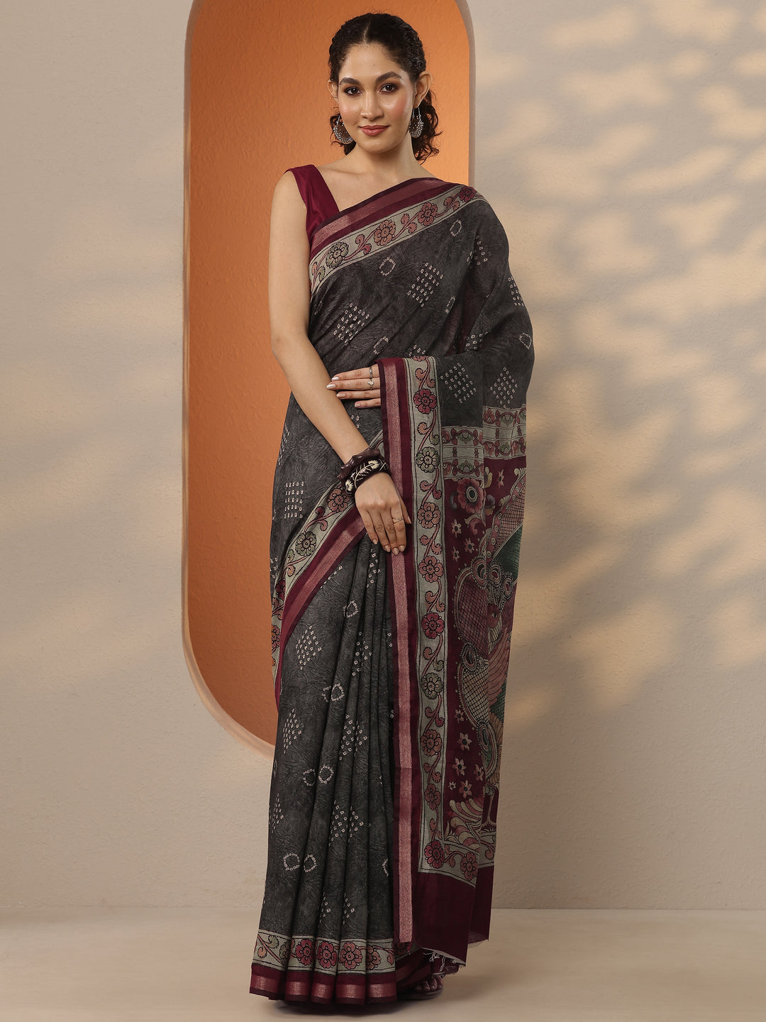  Grey Bandhani Printed Silk Blend Saree With Unstitched Blouse Piece 