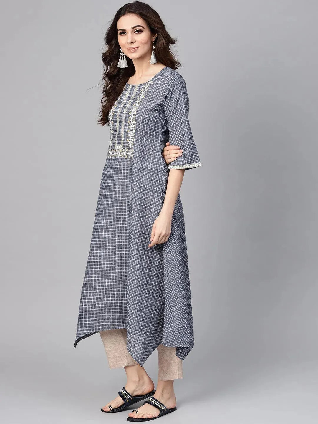 Grey Checkered Cotton Kurta - Libas 