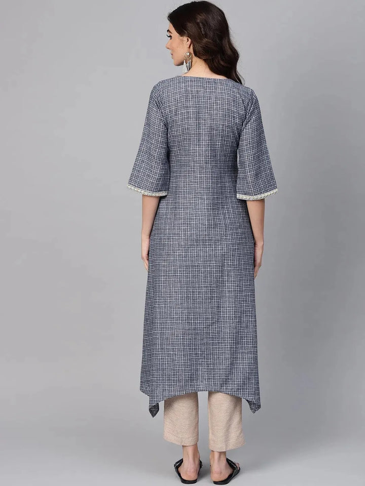 Grey Checkered Cotton Kurta - Libas