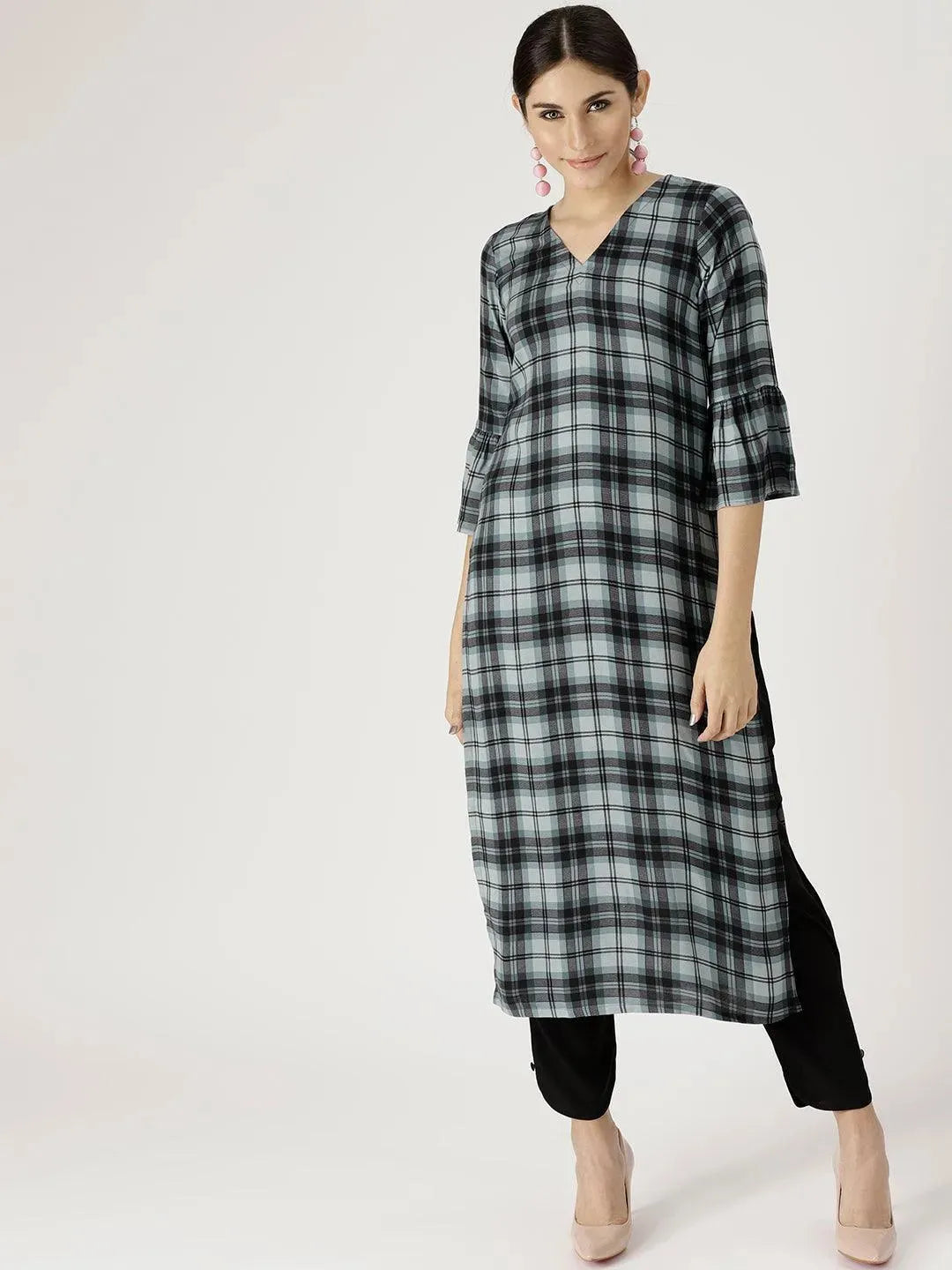 Grey Checkered Rayon Kurta Set - Libas