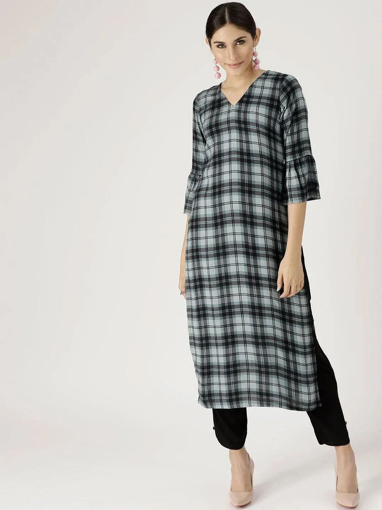 Libas Grey Checkered Rayon Straight Kurta With Trousers