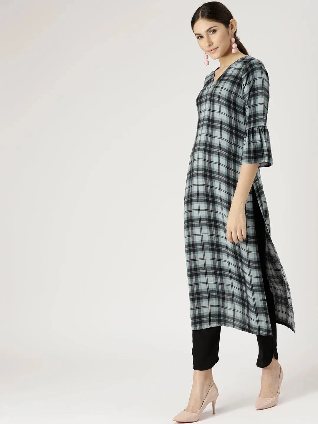 Grey Checkered Rayon Kurta Set - Libas