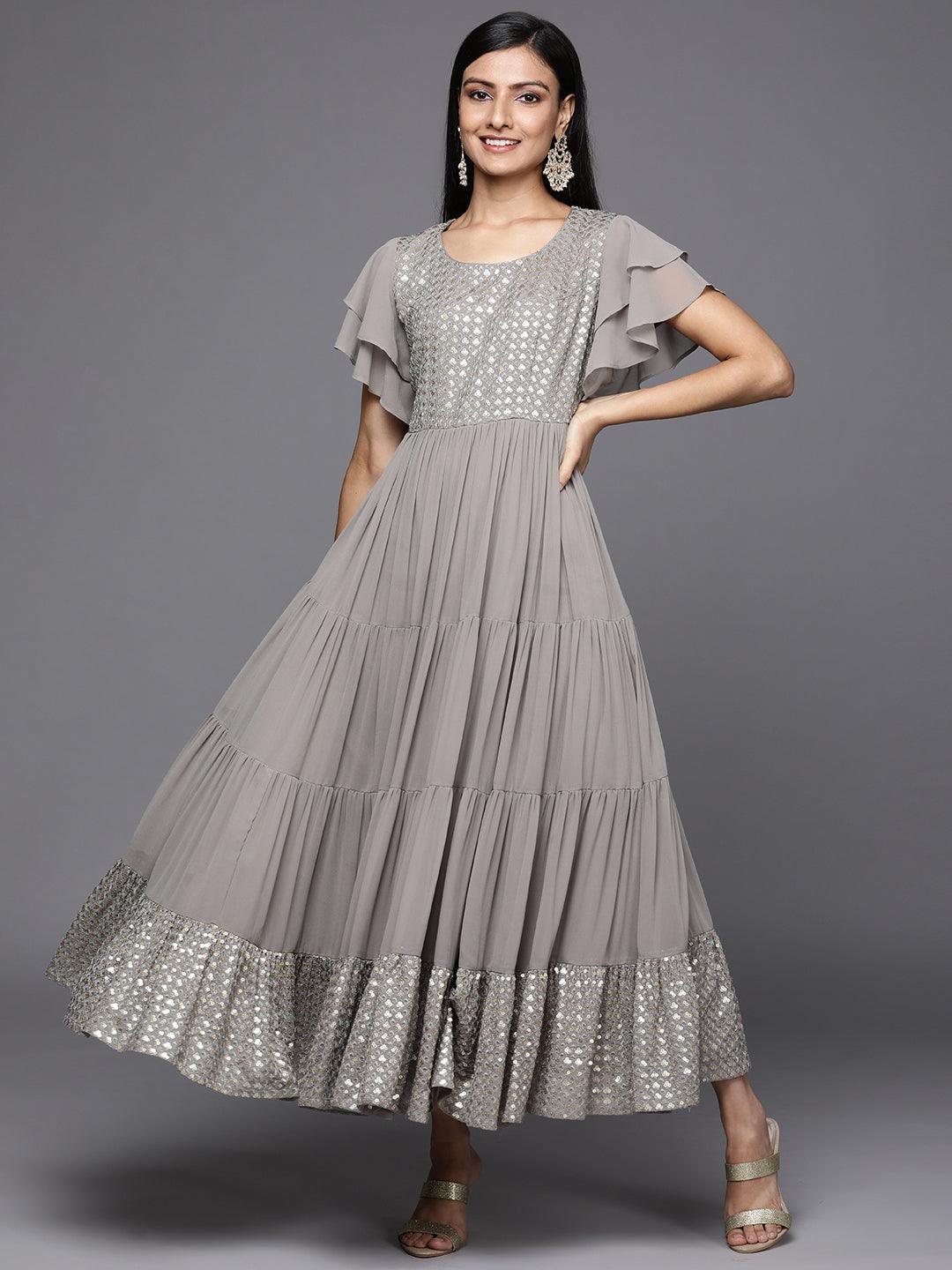 Grey Embellished Georgette Fit and Flare Dress - Libas