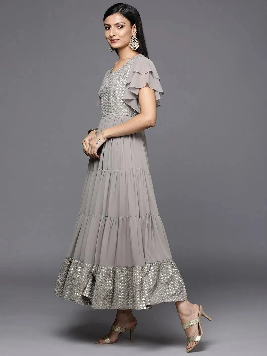 Grey Embellished Georgette Fit and Flare Dress - Libas