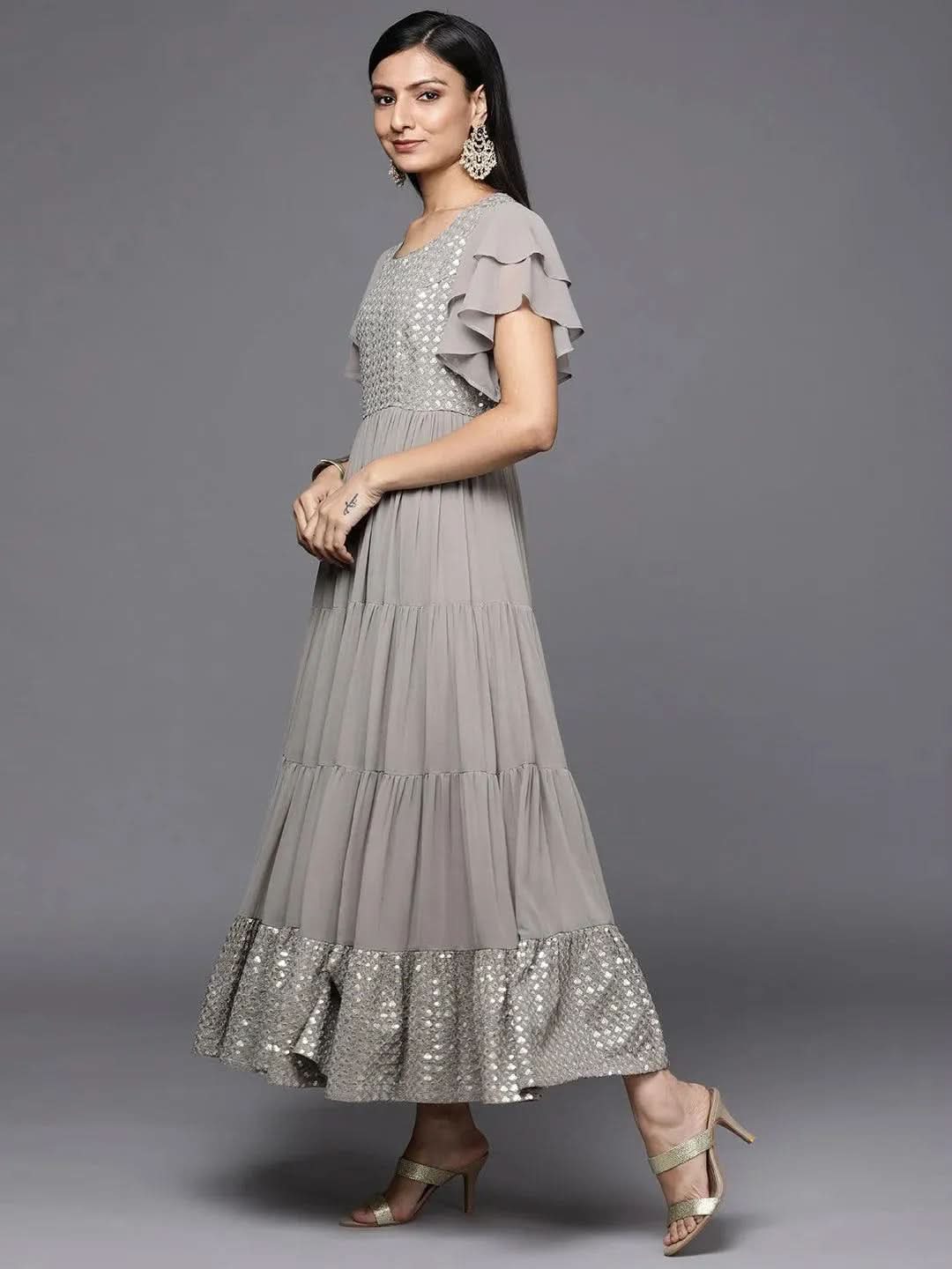 

Grey Embellished Georgette Fit and Flare Dress