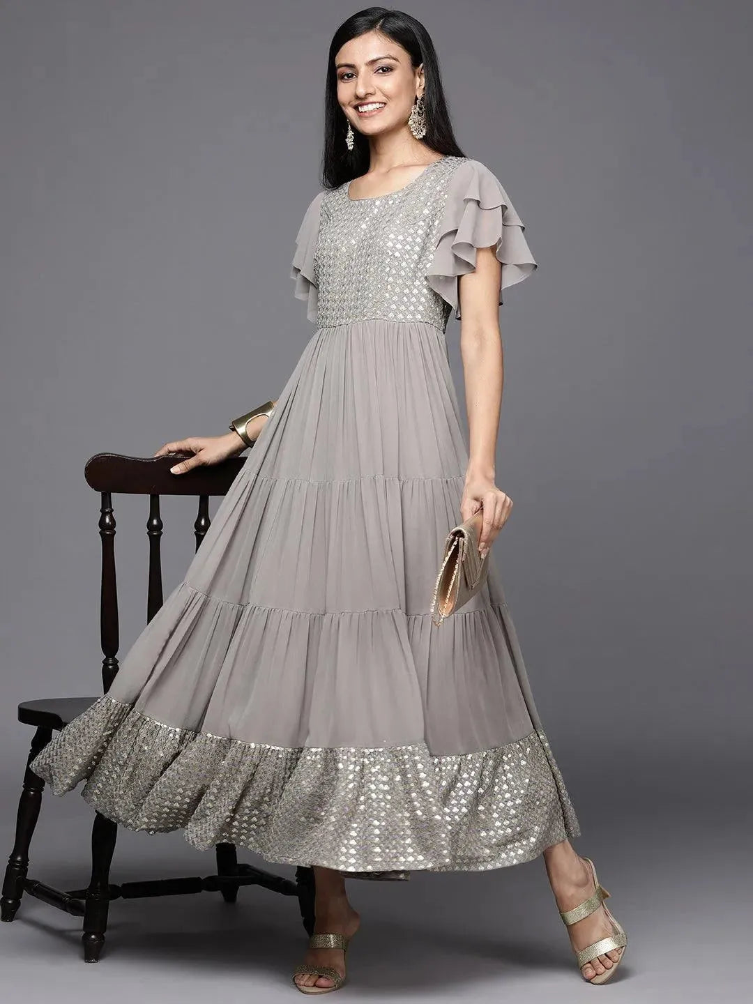 Grey Embellished Georgette Fit and Flare Dress