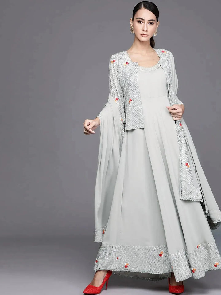 Grey Embellished Georgette Jacket Dress With Dupatta - Libas