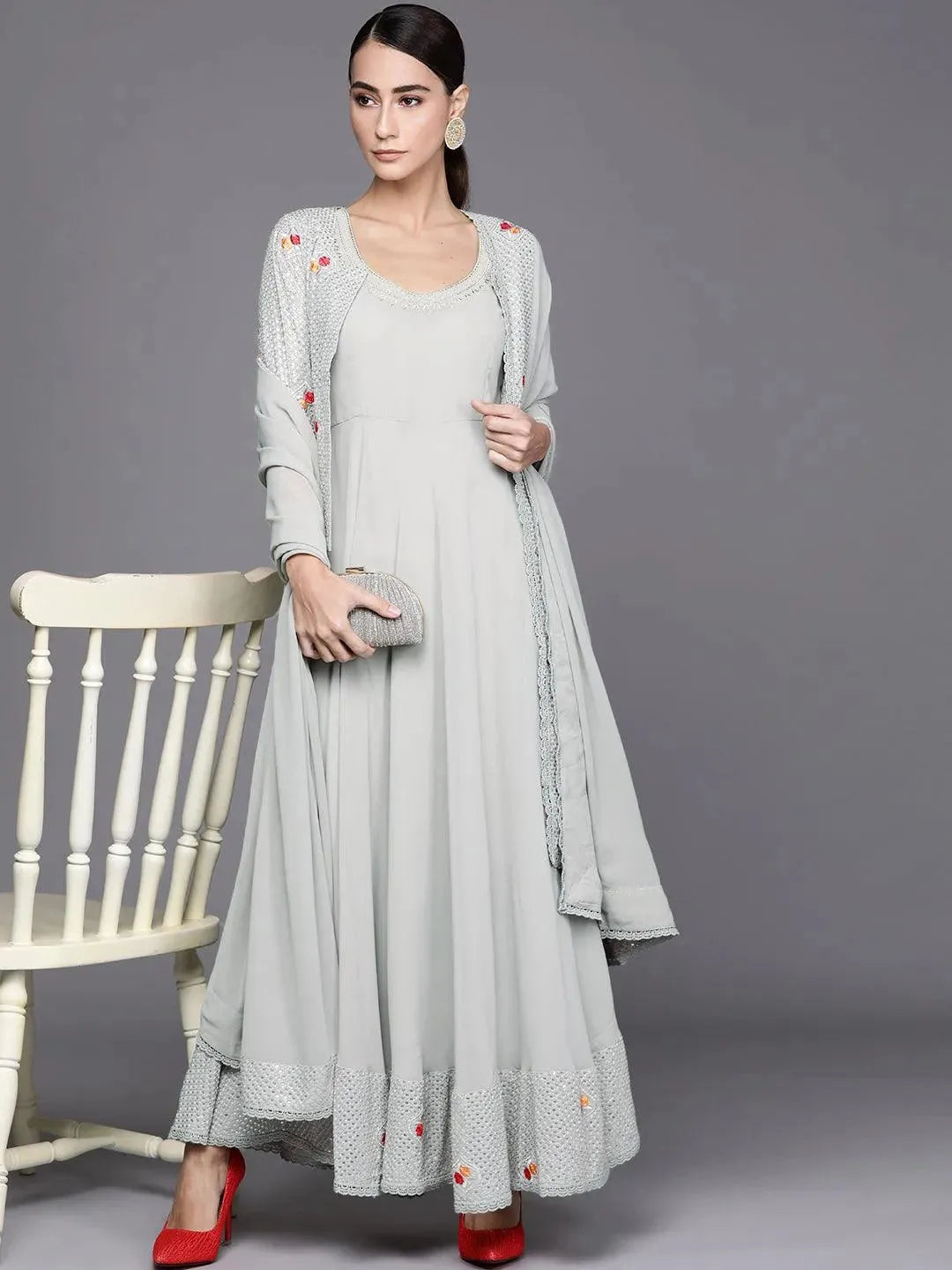 Grey Embellished Georgette Jacket Dress With Dupatta - Libas 