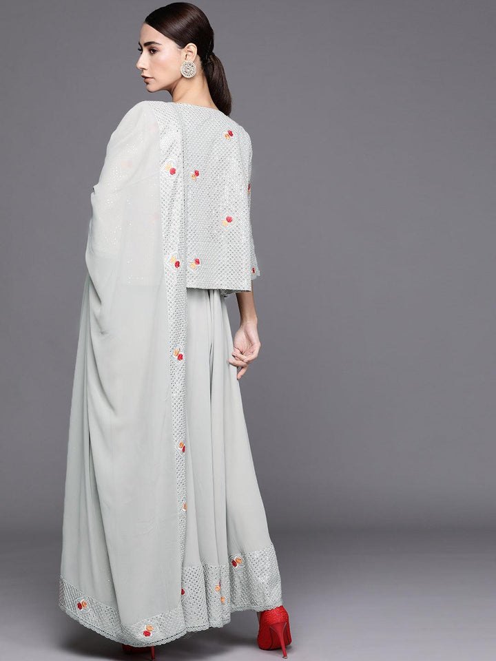 Grey Embellished Georgette Jacket Dress With Dupatta - Libas