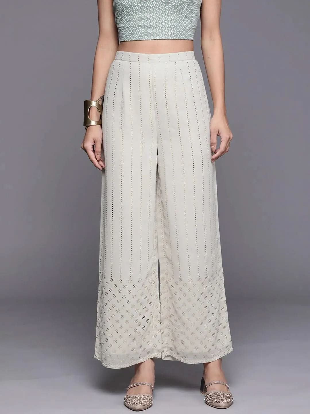 Grey Embellished Georgette Palazzos - Libas 