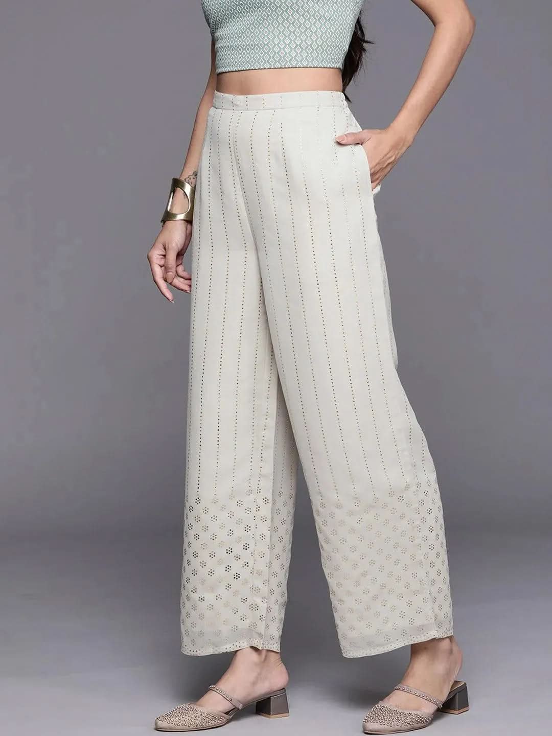 Grey Embellished Georgette Palazzos - Libas 