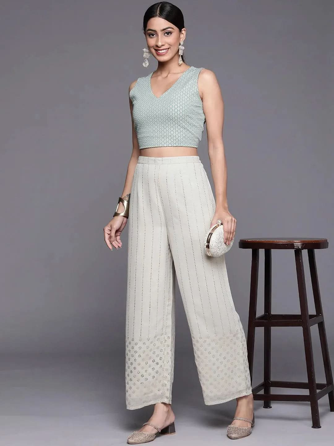 Grey Embellished Georgette Palazzos - Libas 