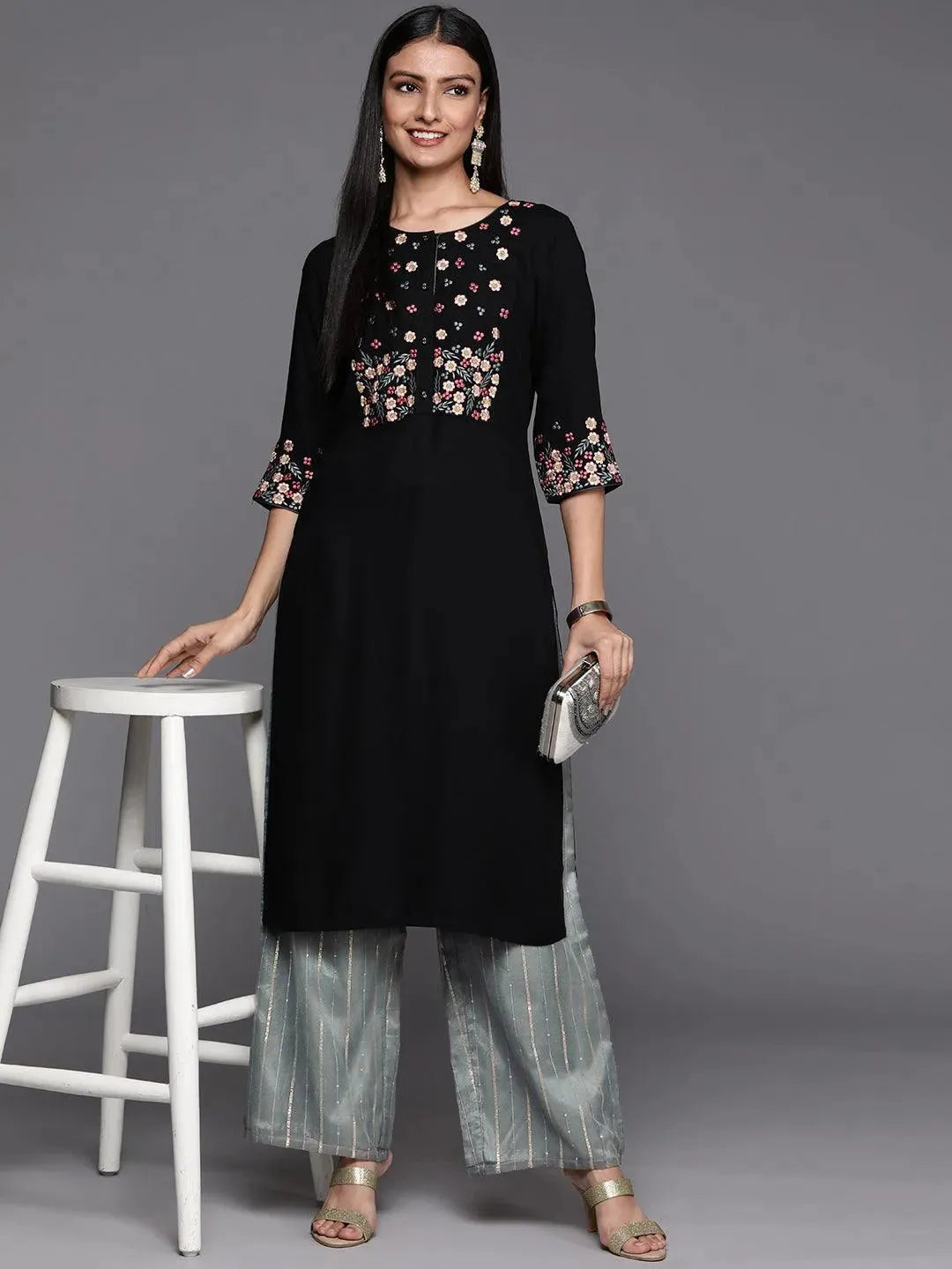 Grey Embellished Organza Palazzos - Libas 