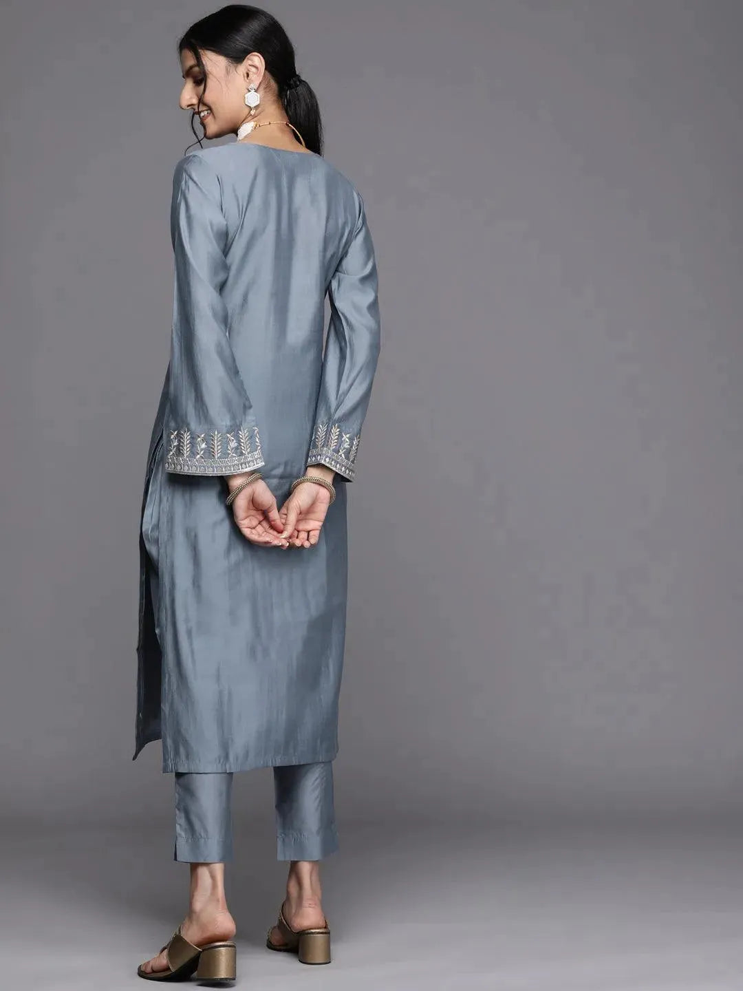 Grey Embroidered Chanderi Silk Kurta - Libas 